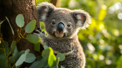 Fototapeta premium Adorable Koala in a Tree with Green Leaves - Photo