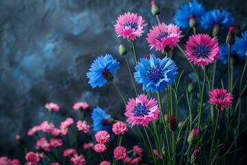 Vibrant wildflower bouquet featuring blue cornflower, forget me not, and pink clover on dark canvas