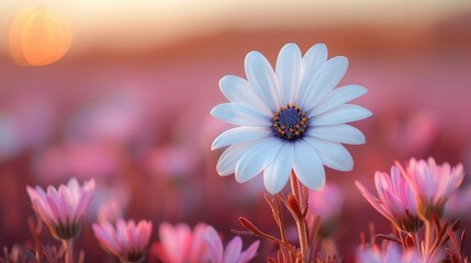 Fototapeta premium Single White Daisy in a Field of Pink
