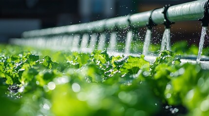 A close-up of an automated irrigation system watering crops in a high-tech agricultural setup