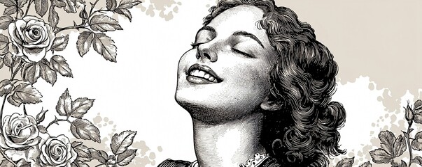 A woman with a serene peaceful smile closed eyes vintage wallpaper with delicate rose motifs light colors ample space on the left for text