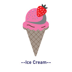 ice cream cone with strawberry, ice cream vector icon illustration with pink cream and beans.