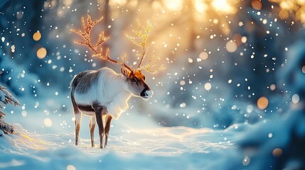 A majestic reindeer stands amidst a snowy landscape, illuminated by soft sunlight and falling snowflakes, creating a serene winter scene.