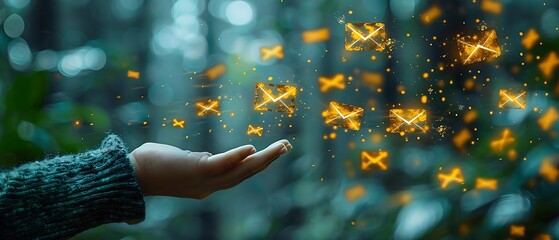 A hand reaching out with glowing envelope icons, symbolizing digital communication.