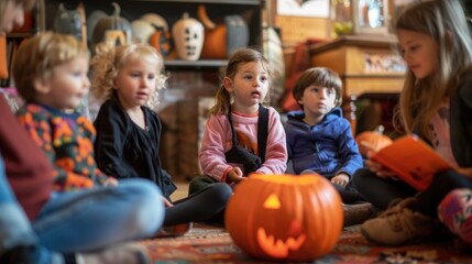 Fototapeta premium Young children listen intently to a Halloween story in a cozy living room decorated with pumpkins. Halloween, spooky, haunted concept.