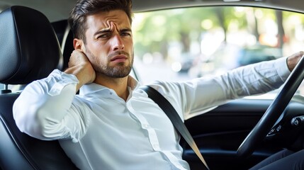 Elegant man seated in a car seat experiencing neck pain isolated on white background