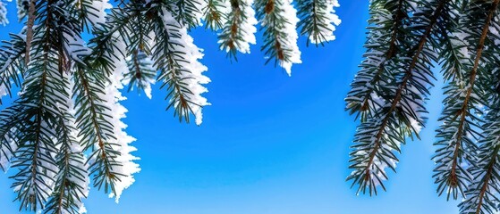 Snowy Pine Branches Against a Bright Blue Sky