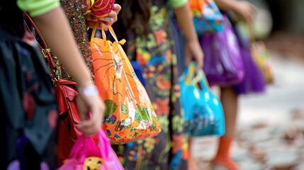 Fototapeta premium Children with Halloween treat bags during a trick-or-treating event outdoors. Halloween, spooky, haunted concept.