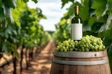 Fototapeta premium Wine on a wooden barrel, lush grapevines, vineyard culture celebration