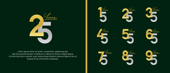set of anniversary logo flat gold and silver color on green background for celebration moment