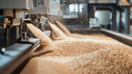 A close-up of automated machinery processing wheat into flour in a modern milling facility