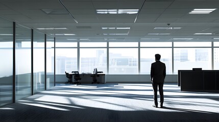 Businessman standing alone in an empty office, reflecting on closure, void of furniture, sunlight streaming through windows, capturing poignant moment of transition and loss