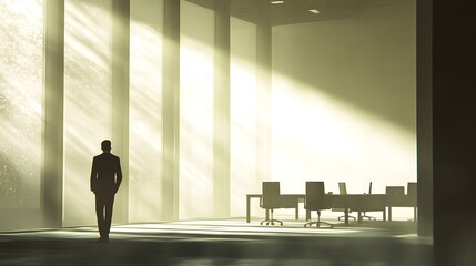 Fototapeta premium Businessman standing alone in an empty office, reflecting on closure, void of furniture, sunlight streaming through windows, capturing poignant moment of transition and loss