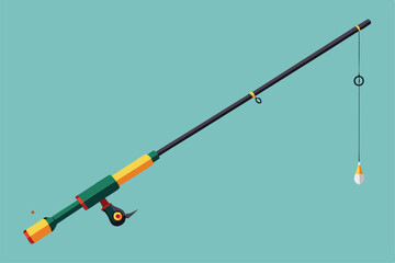 A colorful representation of a customizable fishing rod ready for use during outdoor fishing adventures, Customizable fishing rod illustration, semi-flat design.