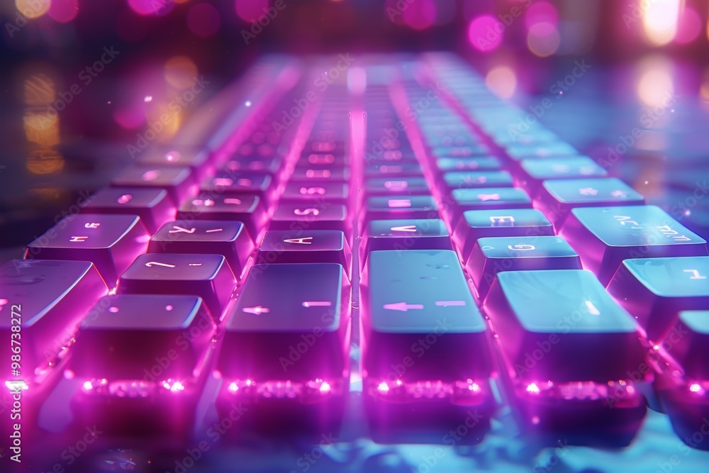Fototapete illuminated keyboard outline on purple background for electronics and computer technology concepts