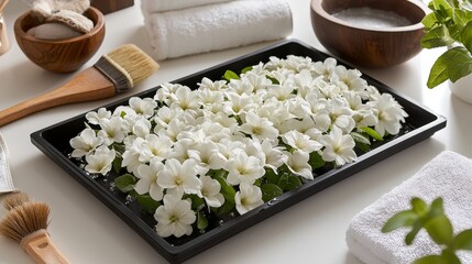 Bowl of water with plumeria flowers herbal bags towel and brush on table. Spa treatment