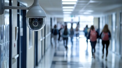 Security camera view of a school hallway, showing students walking by, with timestamp and grainy footage.