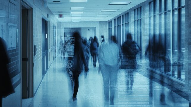 Security camera view of a school hallway, showing students walking by, with timestamp and grainy footage.