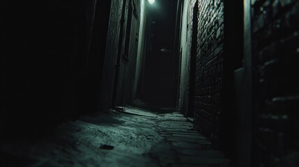 Surveillance camera footage of a dark alleyway, with grainy quality and slight motion blur from moving objects.