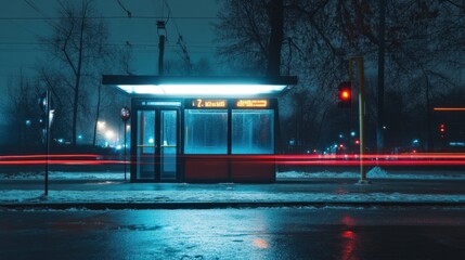 Obraz premium Surveillance camera footage showing a bus stop at night, timestamp visible with slight motion blur.