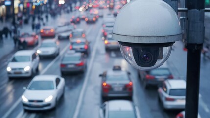 Surveillance camera footage showing a busy street, with vehicles and pedestrians captured in real-time.