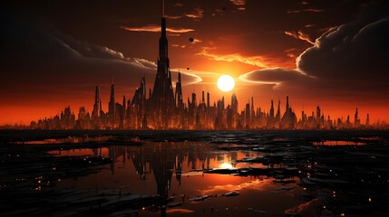 Fototapeta premium A futuristic cityscape at sunset, reflecting on water with towering structures and a dramatic sky.