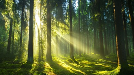 Fototapeta premium Light filtering through the trees in a dense forest, casting long shadows on the ground, creating a mysterious atmosphere.