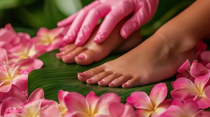 Fototapeta premium Beautiful perfect female skin legs feet top view with tropical flowers and green palm leaf. Hands of beautician in pink gloves. Nail polish care and clean spa pedicure treatment in white. Copy space
