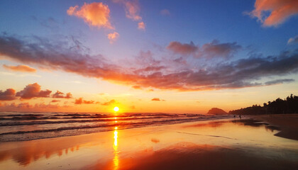 Obraz premium beautiful view of the beach at dusk when the sun begins to set and the sky turns red