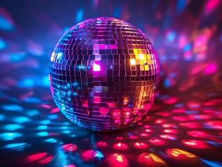Fototapeta premium A reflective disco ball casting colorful lights in a vibrant atmosphere.