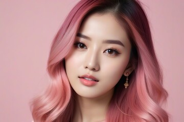 Fototapeta premium Elegant Woman with Pink Hair: Fashion and Makeup Studio Shot