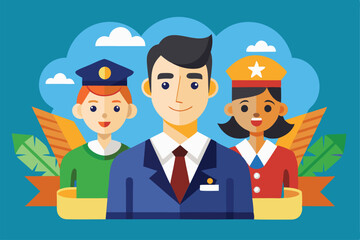 Three diverse ambassadors in uniforms express teamwork and community involvement with a vibrant backdrop, Customizable flat illustration for ambassadors.