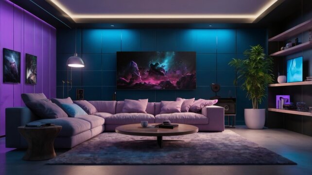 realistic Design a living room. YouTube studio background. YouTube thumbnail background with a it RGB purppurple light setup, new gadgets, youtube silver button and soft and hard light one sile blue