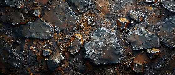 A textured surface of dark, jagged rocks with metallic hues and scattered fragments.