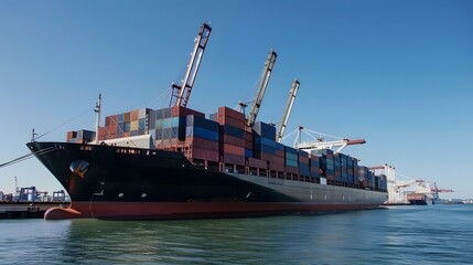Naklejka premium Large cargo ship docked at empty port with stacked containers and idle cranes, symbolizing port strike and industrial tension
