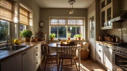 Cottage in suburban street int kitchen. Warm, practical lights, soft moonlight from windows. Practical in rooms with deep background. Contrast: warm, sun-dappled daylight and basket of lemons.