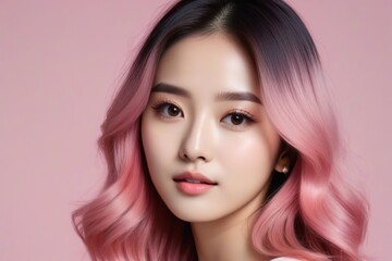 Fototapeta premium Elegant Woman with Pink Hair: Fashion and Makeup Studio Shot