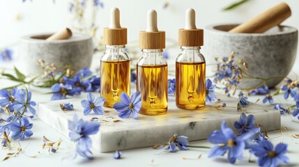 Aromatherapy. Different essential oils flowers mortar and pestle on white background space for text