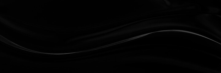 Black gray satin dark fabric texture luxurious shiny that is abstract silk cloth panorama background with patterns soft waves blur beautiful.