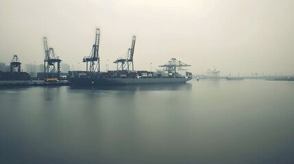 Large cargo ship docked at empty port with stacked containers and idle cranes, symbolizing port strike and industrial tension