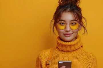 Woman demonstrates qr code technology for identification with space for text on yellow background