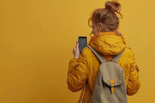 Demonstrating qr code technology woman showcasing barcode identification on yellow background