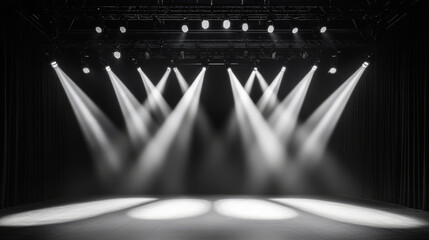 stage is illuminated by grid of bright spotlights, creating dramatic atmosphere perfect for performances. beams of light cut through darkness, enhancing visual impact of scene