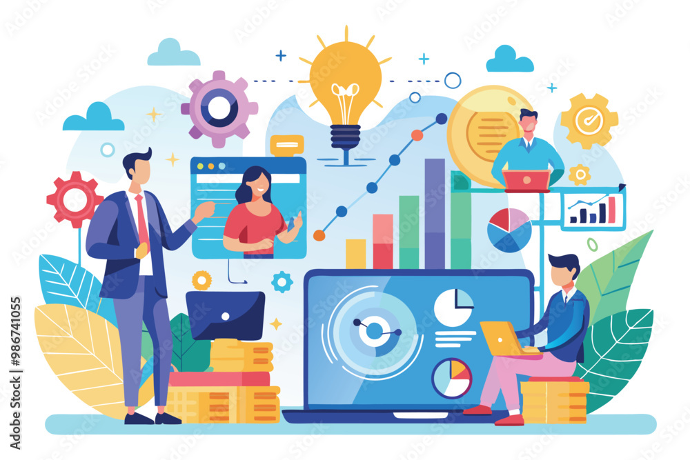 Poster a creative depiction of a team collaborating on business strategies and data visualizations, customi