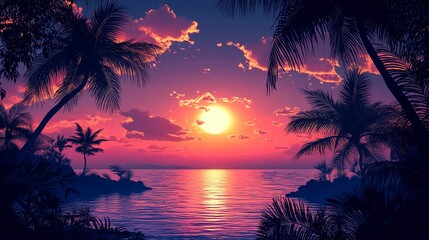 Sunset over the Ocean with Silhouetted Palm Trees