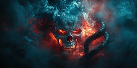 Close-up of a red skull with glowing eyes and a black snake in thick fog