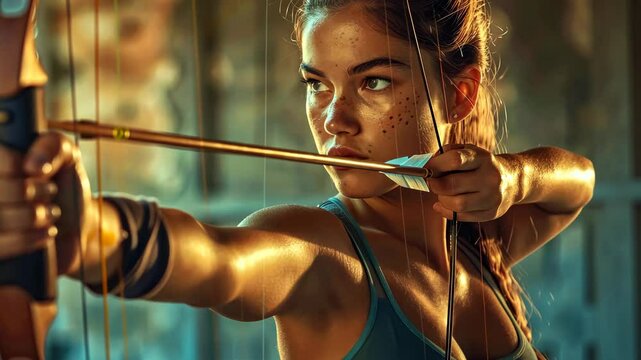 Female athlete aiming with bow and arrow