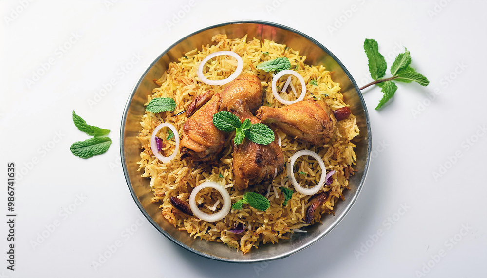 Wall mural aromatic chicken biryani with fresh mint garnish