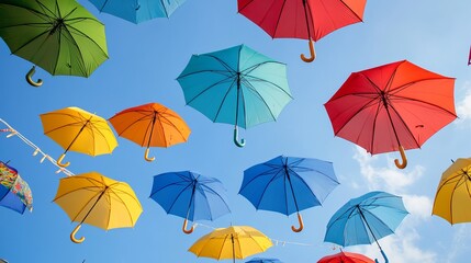 Vibrant background with umbrellas. vibrant umbrellas as an urban street accent. dangling umbrellas in various colors against a blue sky. Vibrant background colors. Background of holidays 