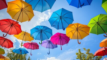 Obraz premium Vibrant background with umbrellas. vibrant umbrellas as an urban street accent. dangling umbrellas in various colors against a blue sky. Vibrant background colors. Background of holidays 